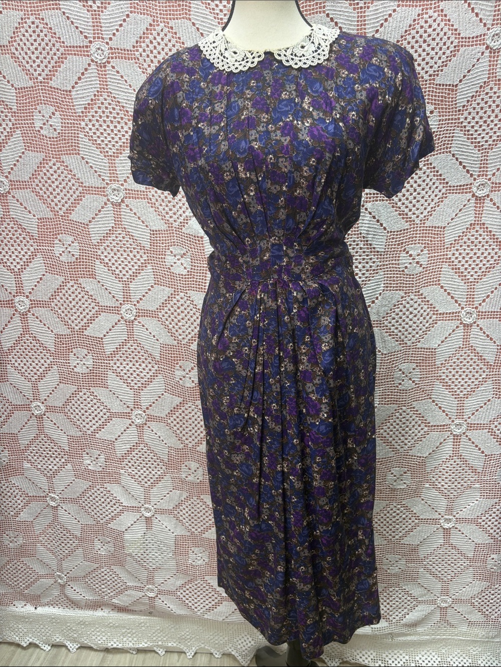 Vintage 80s All That Jazz Floral Midi Dress Lace Collar Rayon